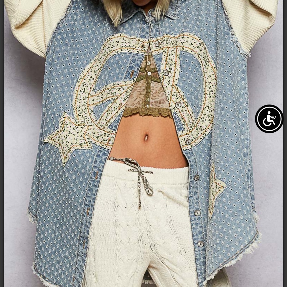 POL Denim top with Peace Sign and Star Design